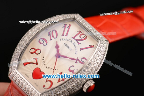Franck Muller Heart Swiss Quartz Steel Case with Red Leather Strap Diamond Bezel and White Dial - ETA Coating - Click Image to Close